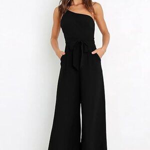 Chic One-Shoulder Wide-Leg Jumpsuit – Elegant Backless Tie-Waist Romper | Black